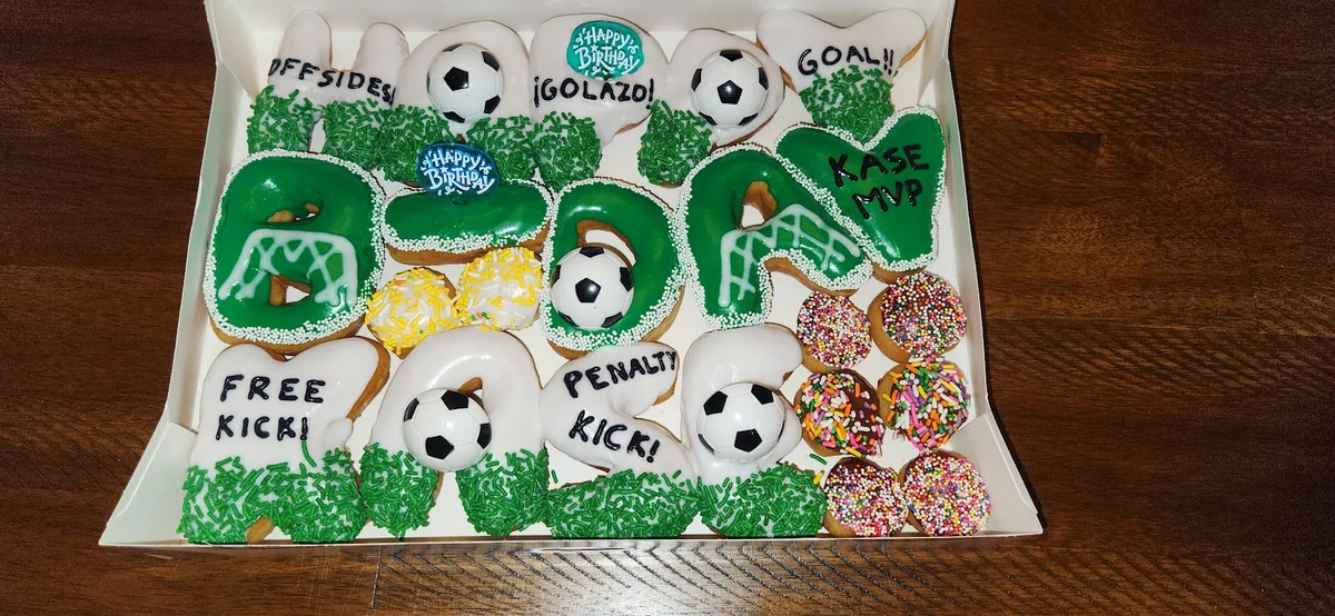 Custom soccer-themed Happy Birthday donuts made to order