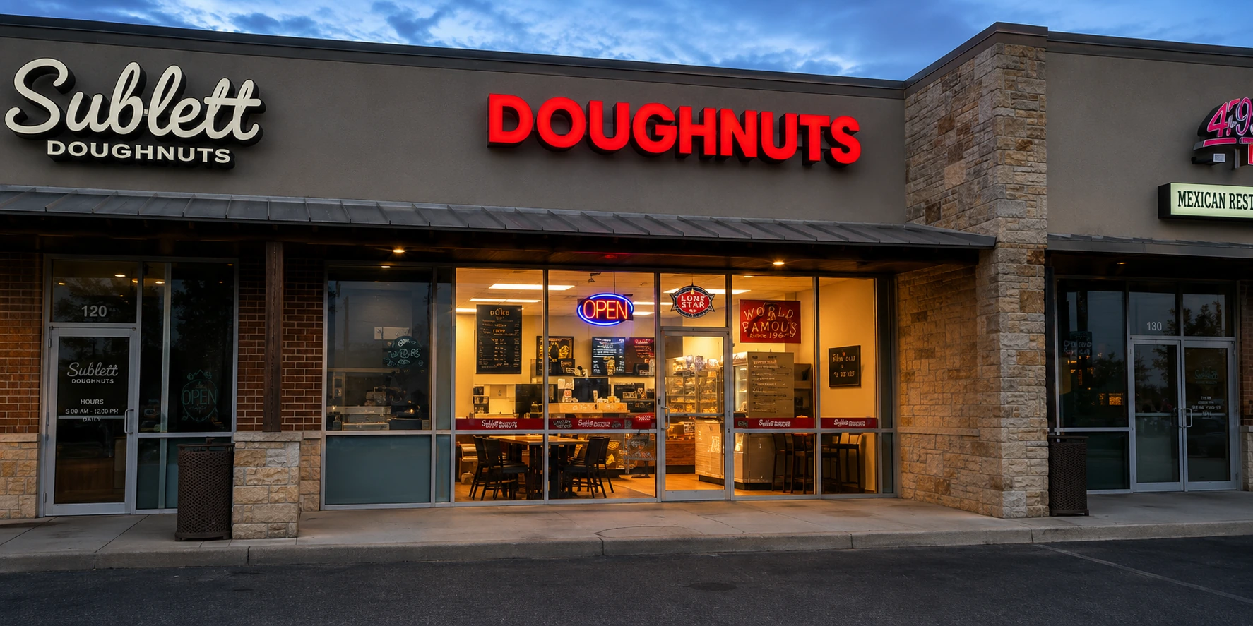 Sublett Doughnuts storefront with the red DONUTS sign in the strip center